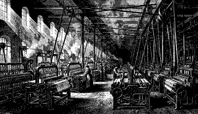Interior of a 19th century textile mill, rows of iron machines stretching into shadow